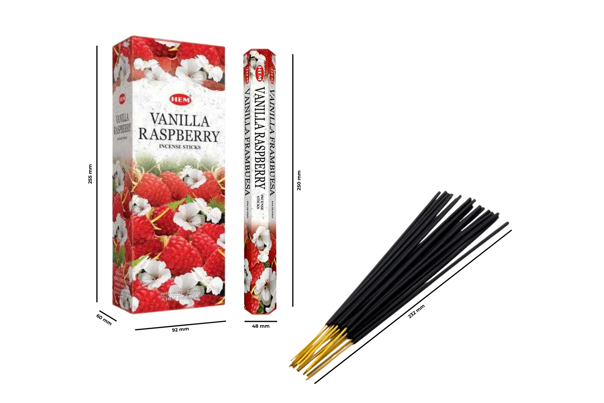 Vanilla Raspberry incense sticks with packaging on a white background