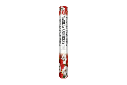 Vanilla Raspberry incense pack with a raspberry and vanilla design on a white background