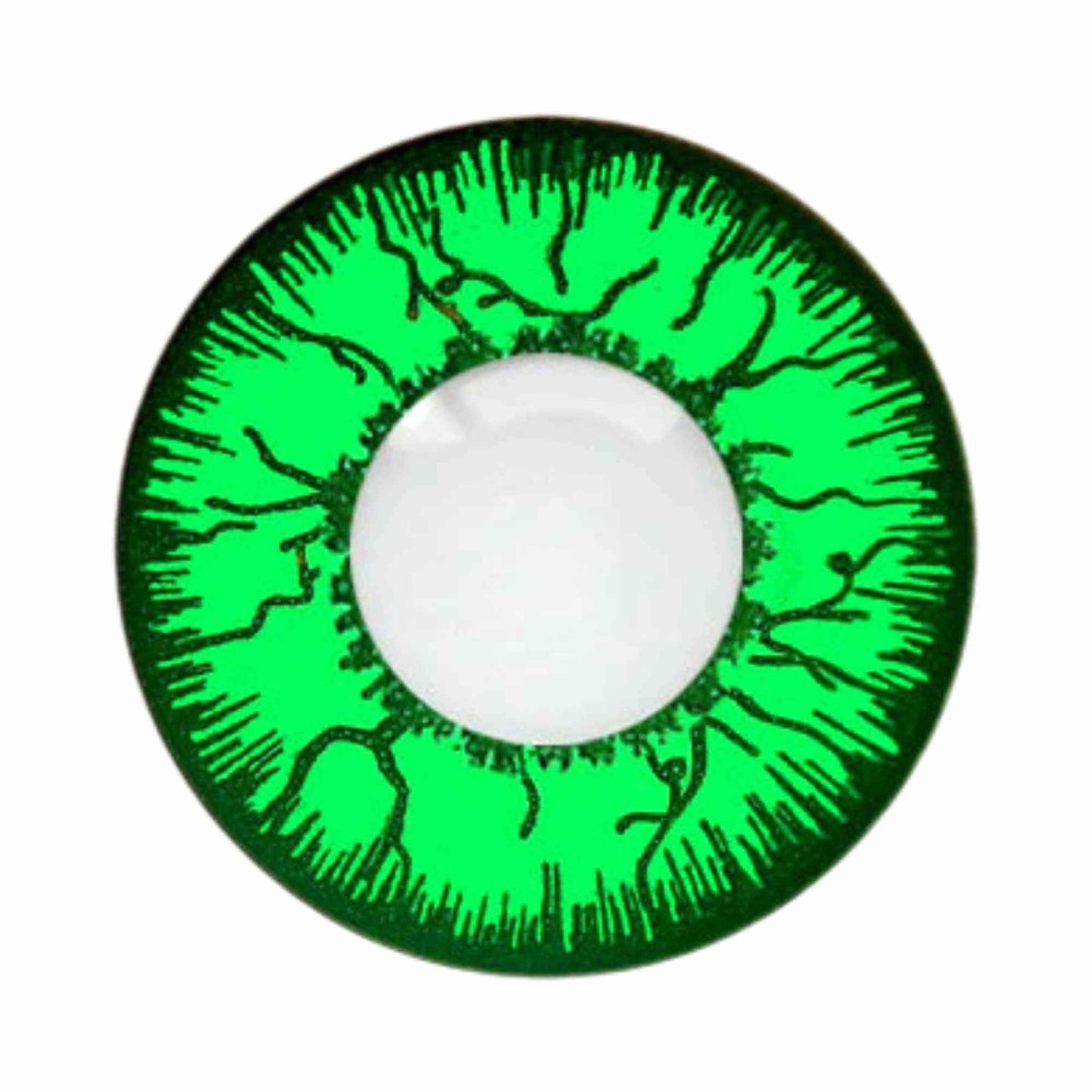 Green contact lens with intricate black design on a white background