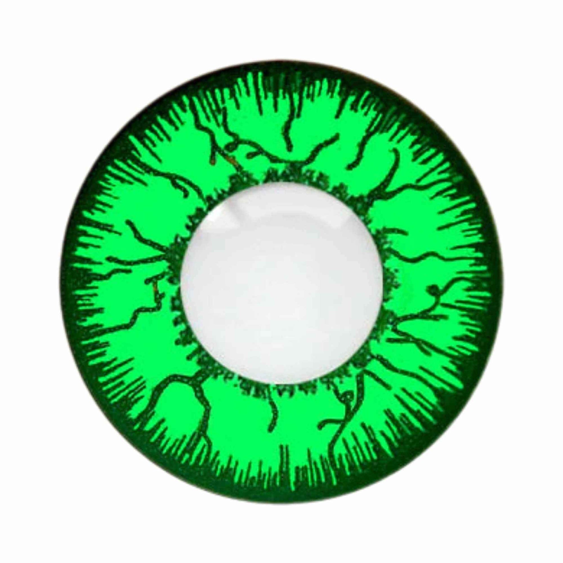 Green contact lens with intricate black design on a white background