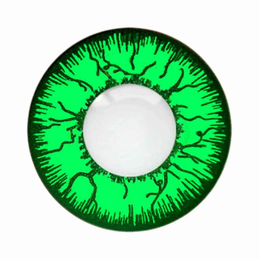 Green contact lens with intricate black design on a white background