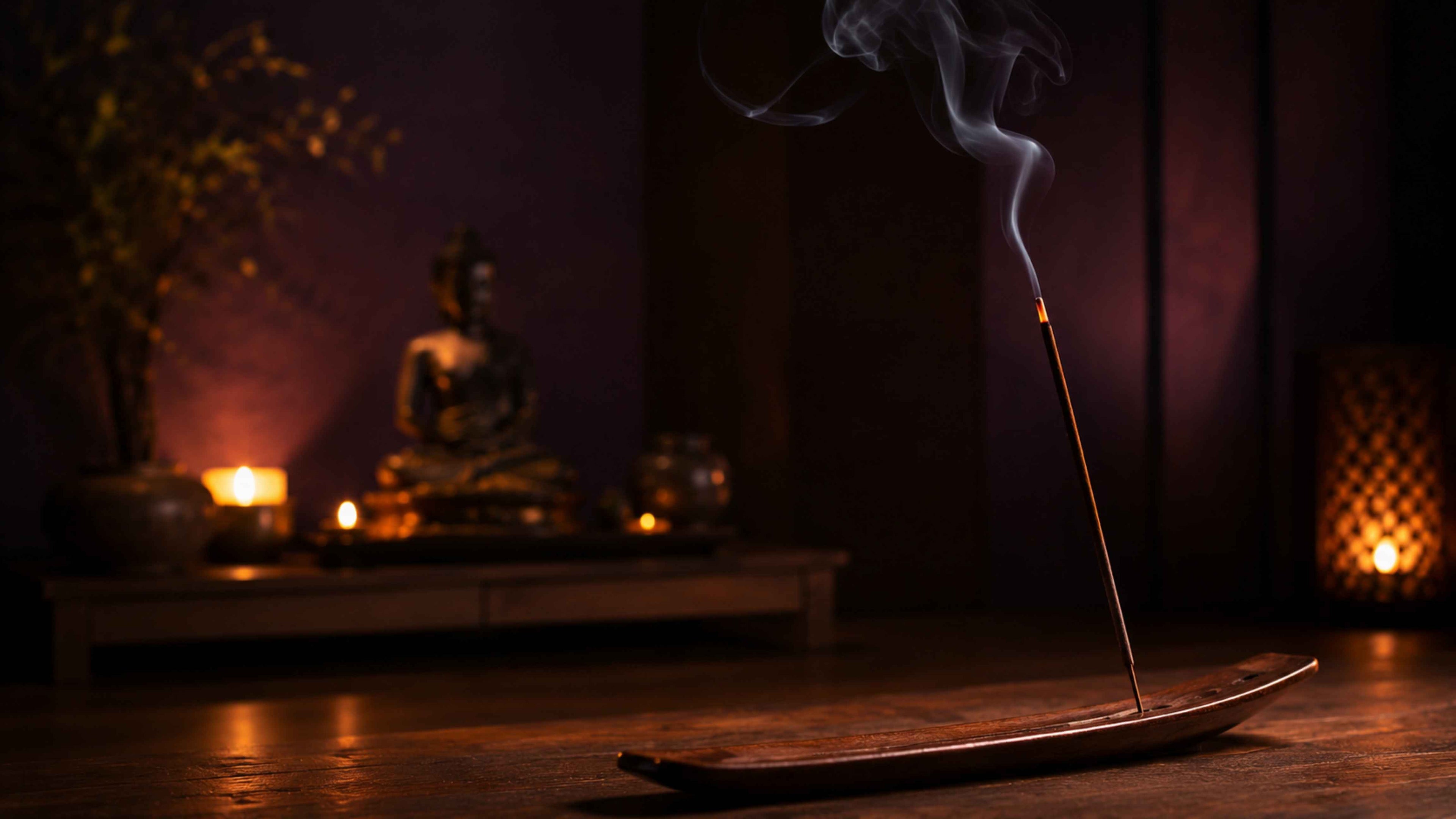 Incense stick with smoke in front of a statue in a dimly lit room