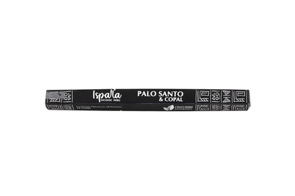 Black Palo Santo & Copal incense stick with branding on a white background