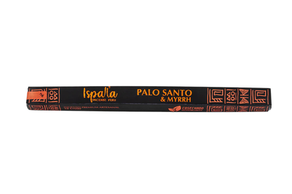 Palo Santo & Myrrh incense stick packaging with branding on a white background