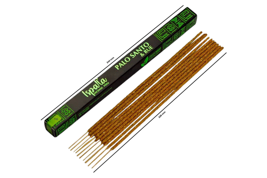 Palo Santo & Rue incense sticks with packaging on a white background