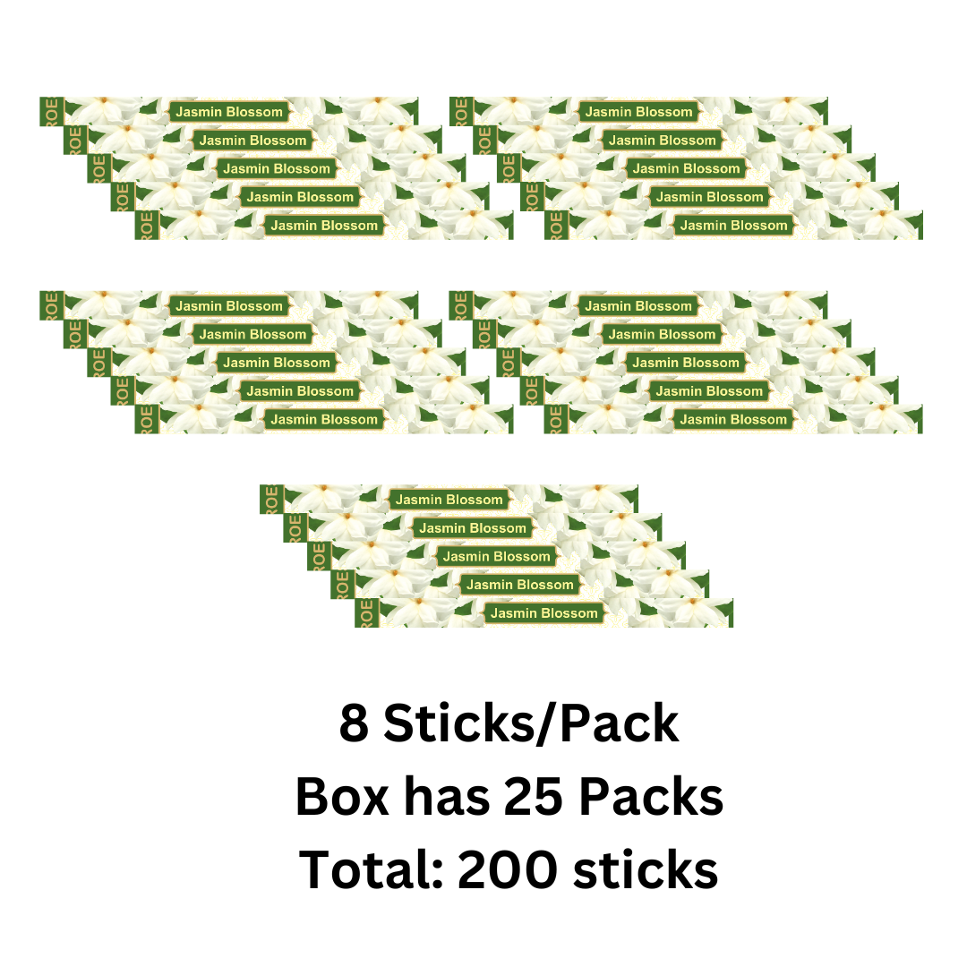 Multiple packages of Jasmin Blossom incense sticks with text indicating quantity.