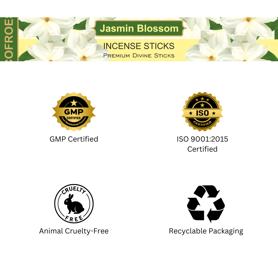 Jasmine blossom incense sticks packaging with certification logos on a white background