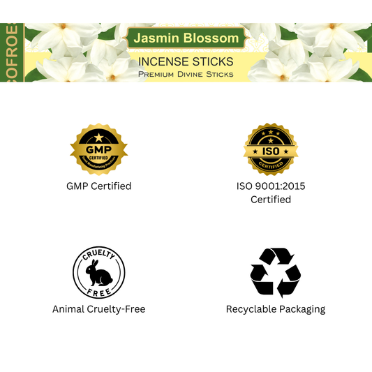 Jasmine blossom incense sticks packaging with certification logos on a white background