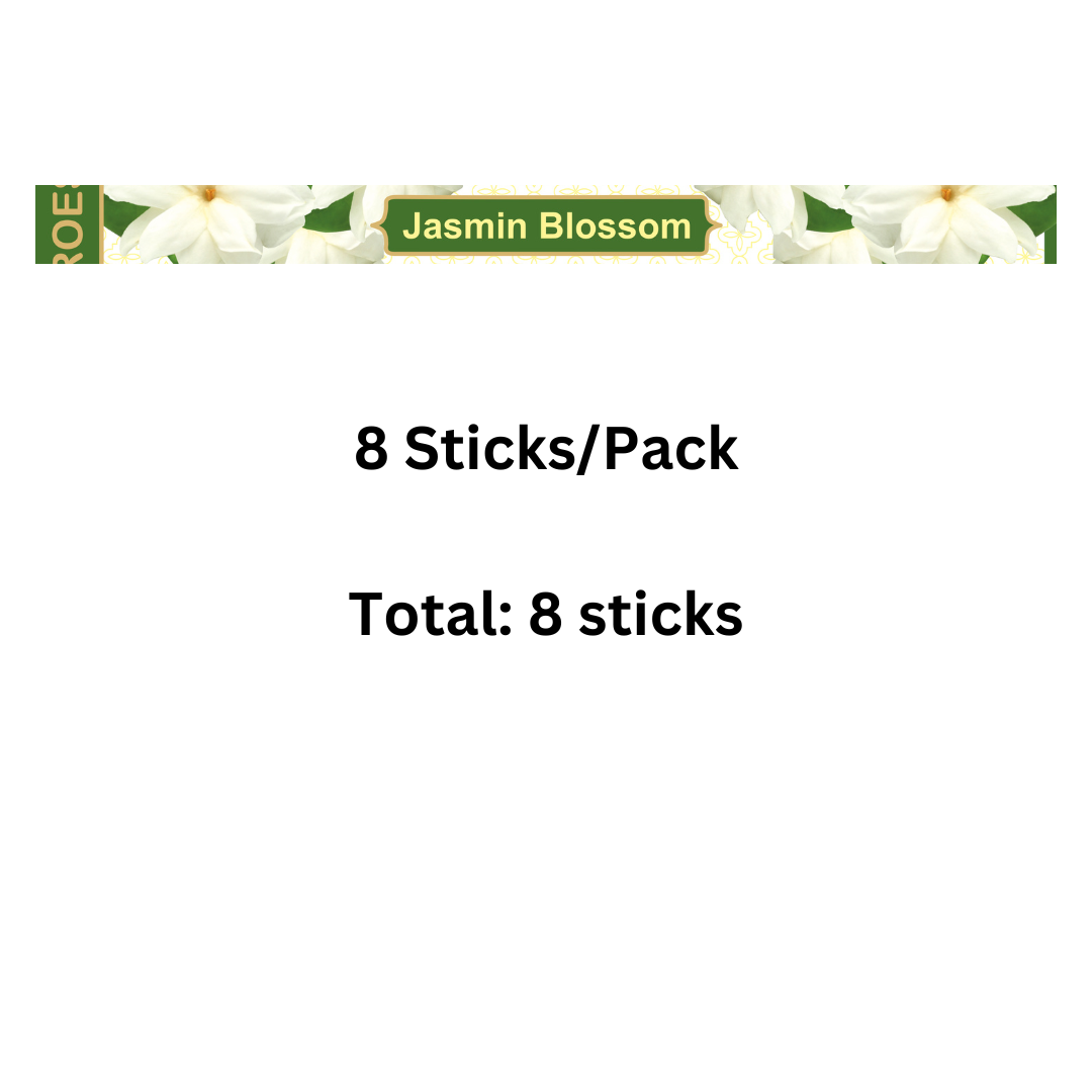 Packaging with 'Jasmin Blossom' label and text indicating 8 sticks per pack on a white background.
