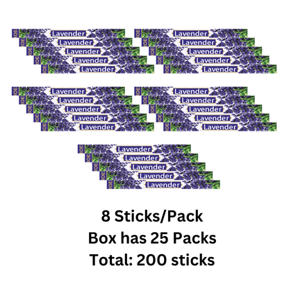 Multiple packs of lavender incense sticks with text indicating quantity.