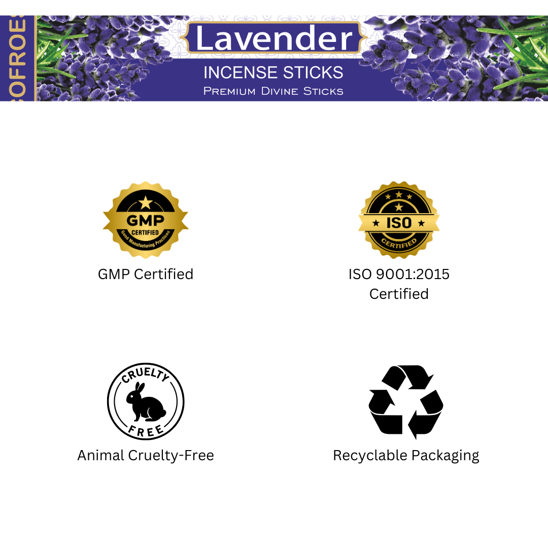 Lavender incense sticks packaging with certification logos on a white background