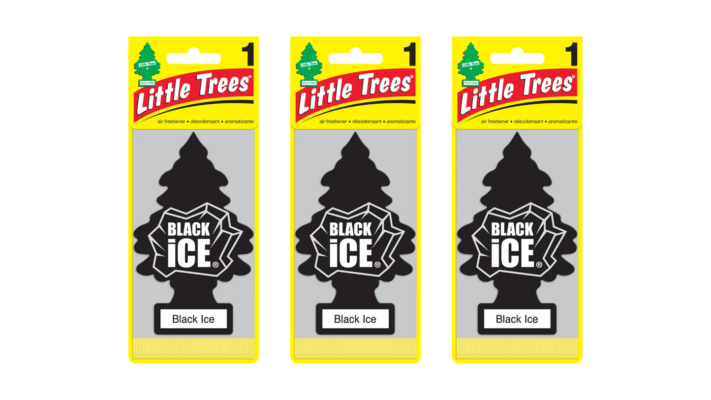 Three packages of Little Trees Black Ice air fresheners on a white background