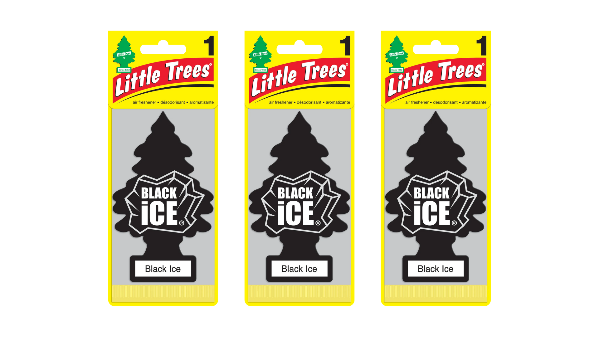 Three packages of Little Trees Black Ice air fresheners on a white background