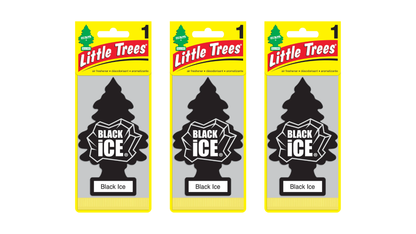 Three packages of Little Trees Black Ice air fresheners on a white background