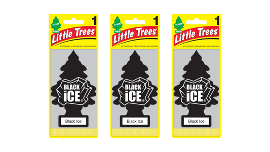 Three packages of Little Trees Black Ice air fresheners on a white background