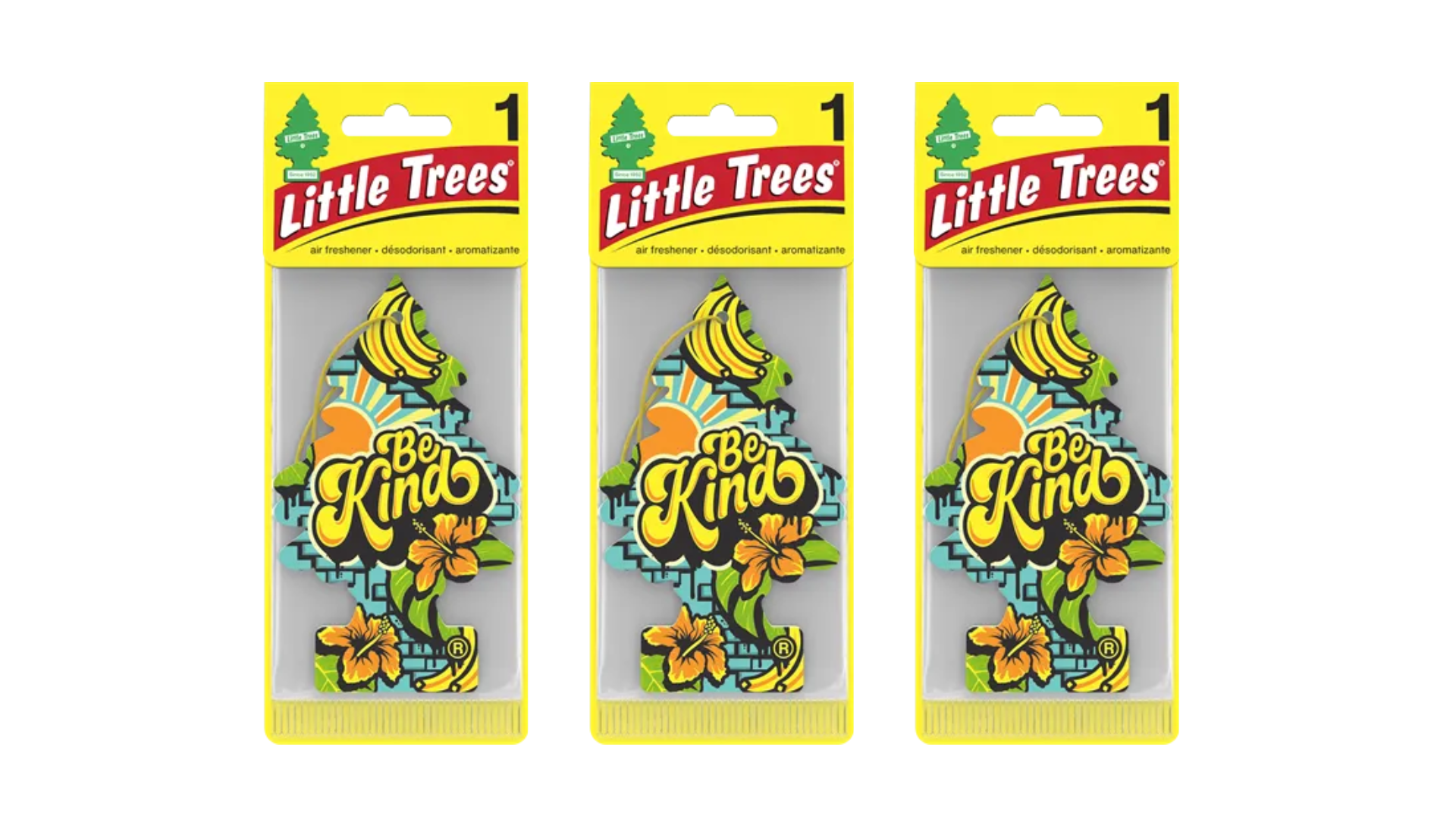 Three packages of Little Trees 'Be Kind' air fresheners on a white background