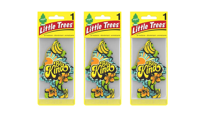 Three packages of Little Trees 'Be Kind' air fresheners on a white background