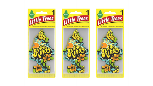 Three packages of Little Trees 'Be Kind' air fresheners on a white background