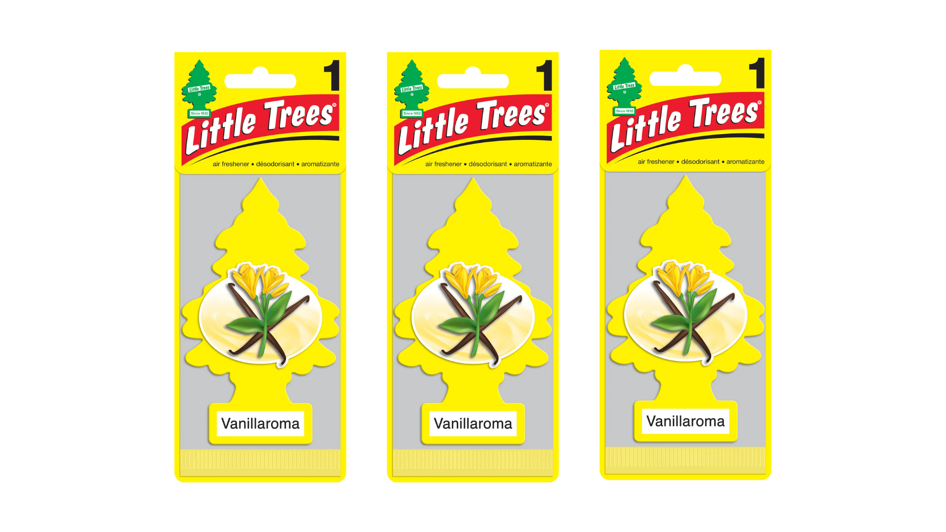 Three packages of Little Trees Vanilla aroma car fresheners on a white background