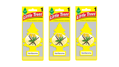 Three packages of Little Trees Vanilla aroma car fresheners on a white background