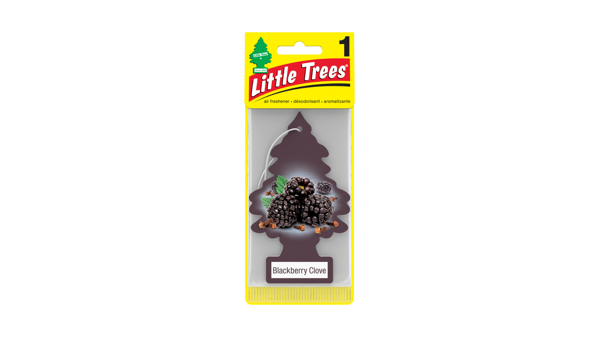 Little Trees air freshener packaging with a blackberry and clove design on a white background