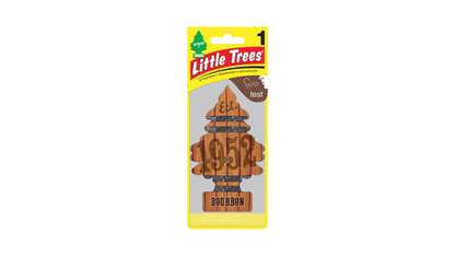 Little Trees air freshener packaging with a bourbon scent on a white background