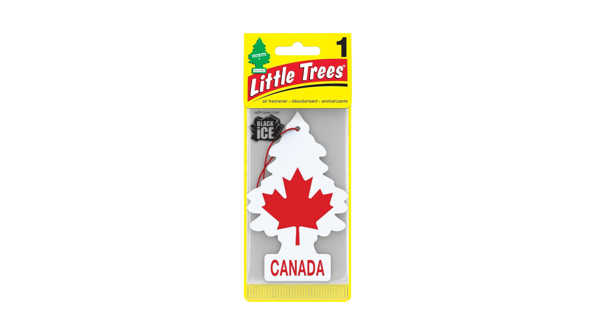 Little Trees air freshener packaging with a Canada-themed design on a white background