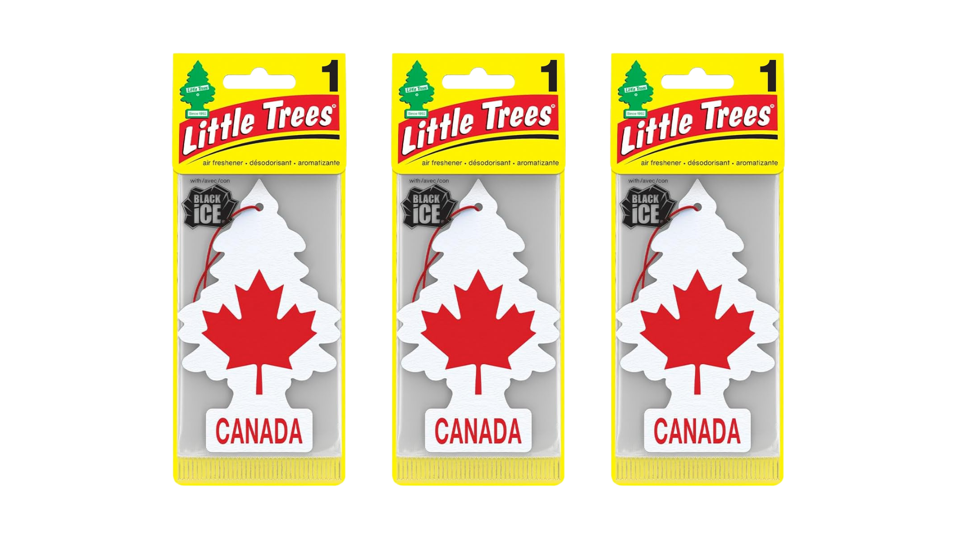 Three packages of Little Trees with a Canada maple leaf design on a white background