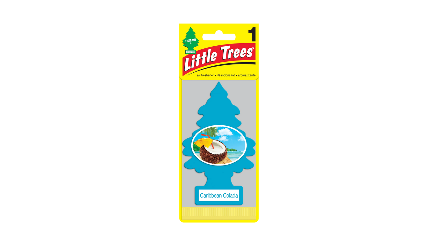Little Trees air freshener packaging with 'Caribbean Colada' written on a white background