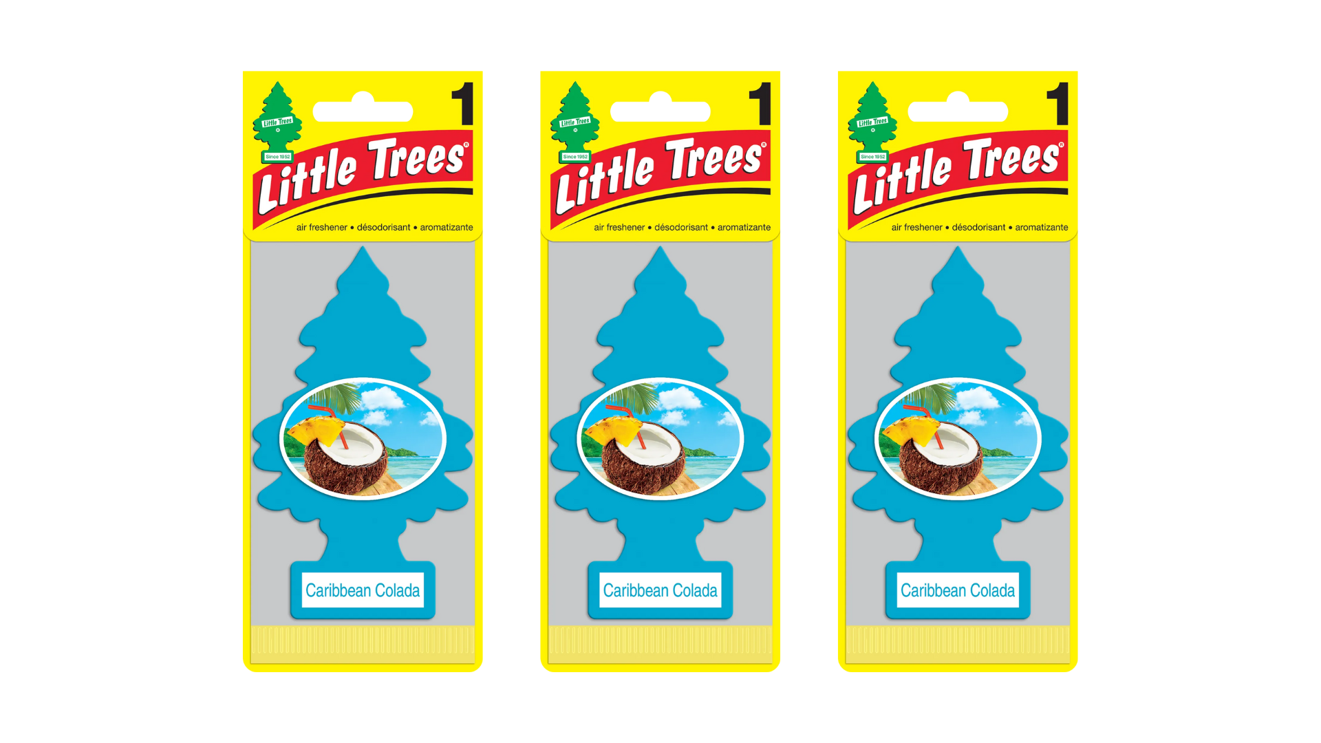 Three packages of Little Trees Caribbean Coconut air freshener on a white background