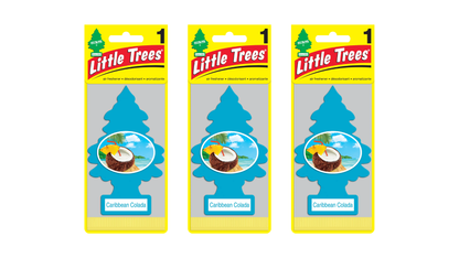 Three packages of Little Trees Caribbean Coconut air freshener on a white background