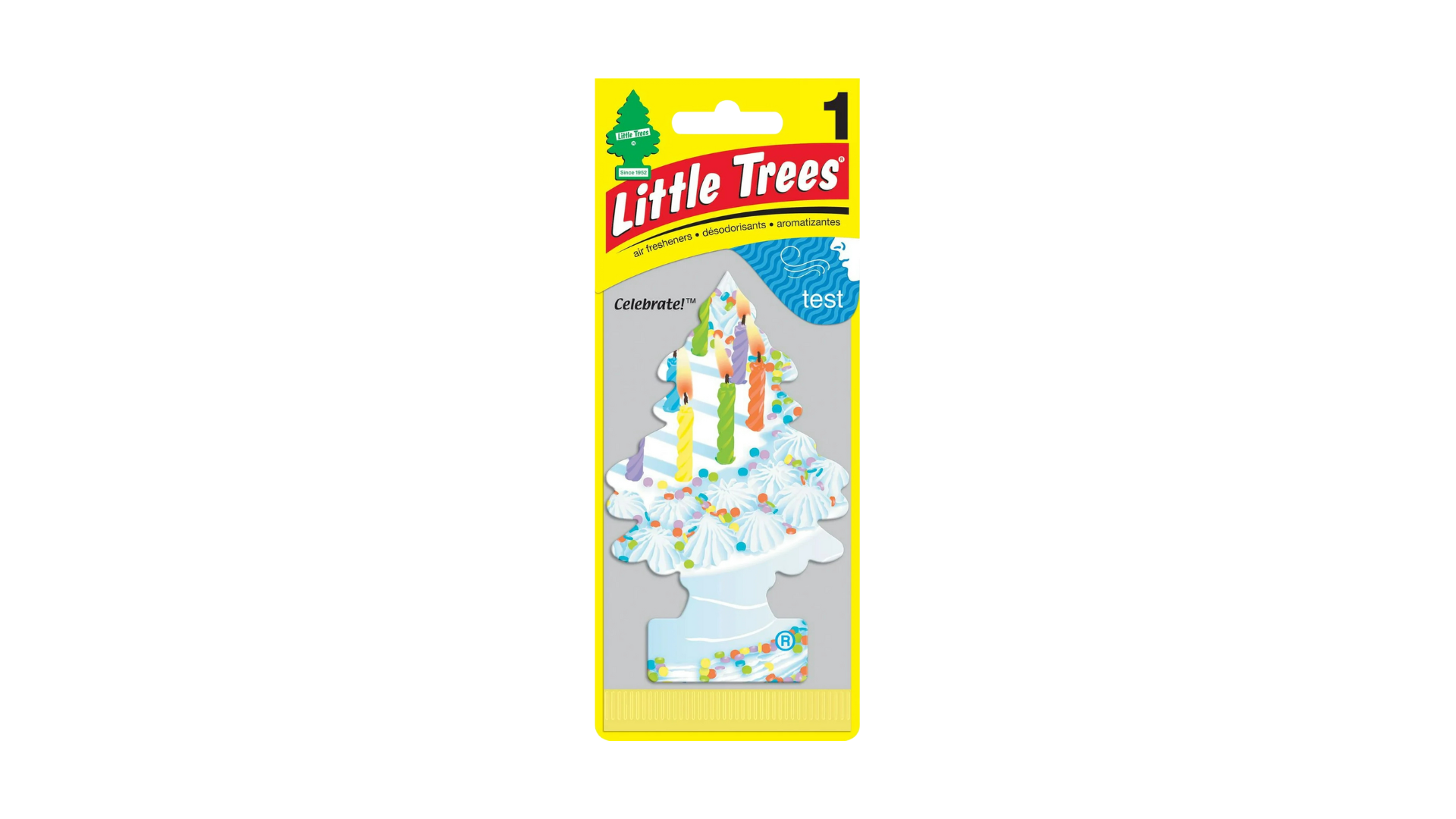 Little Trees car air freshener packaging with a birthday cake design on a white background