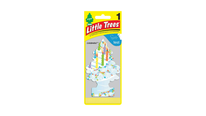 Little Trees car air freshener packaging with a birthday cake design on a white background