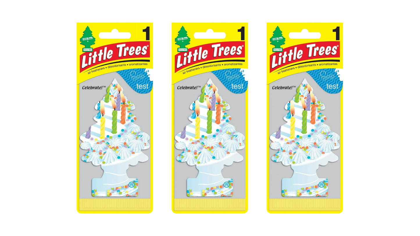 Three packages of Little Trees with a birthday cake design on a white background