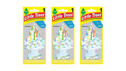 Three packages of Little Trees with a birthday cake design on a white background
