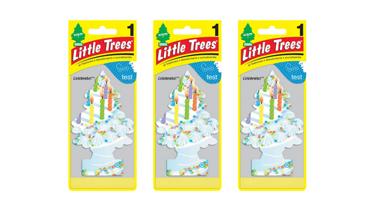 Three packages of Little Trees with a birthday cake design on a white background