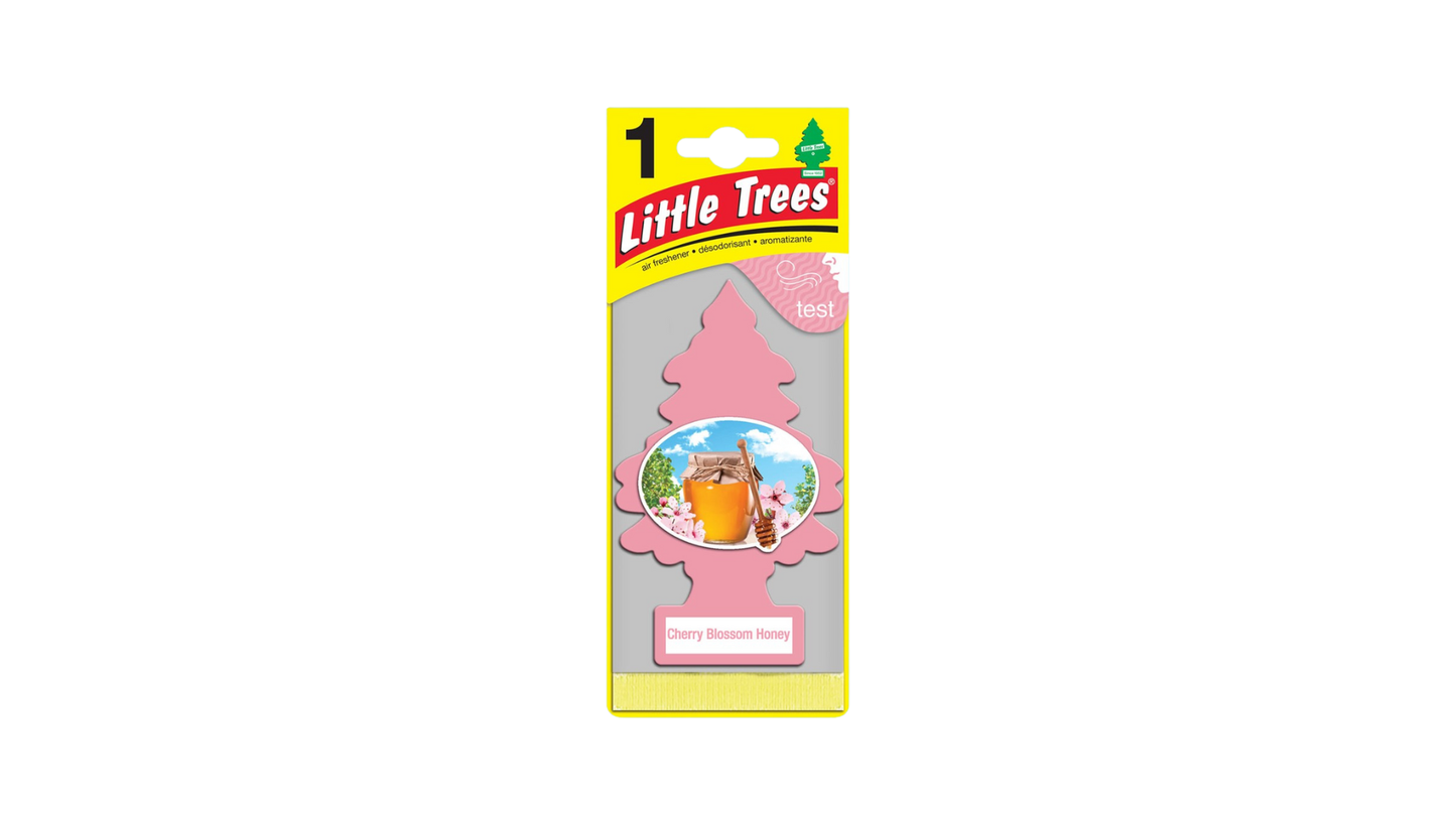 Little Trees car air freshener packaging with pink tree design on a white background