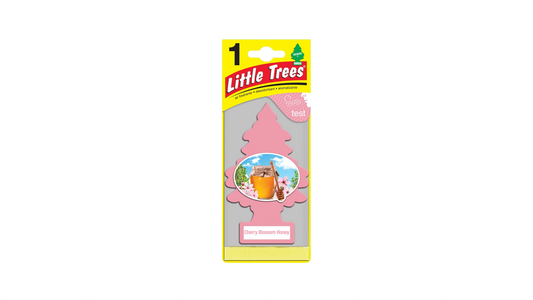 Little Trees car air freshener packaging with pink tree design on a white background