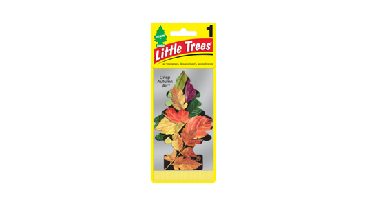 Little Trees air freshener packaging with colorful leaves on a white background