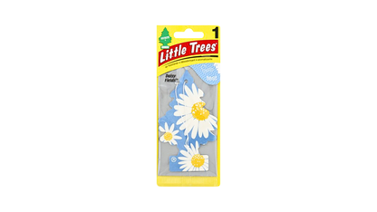 Little Trees air freshener packaging with daisy design on a white background
