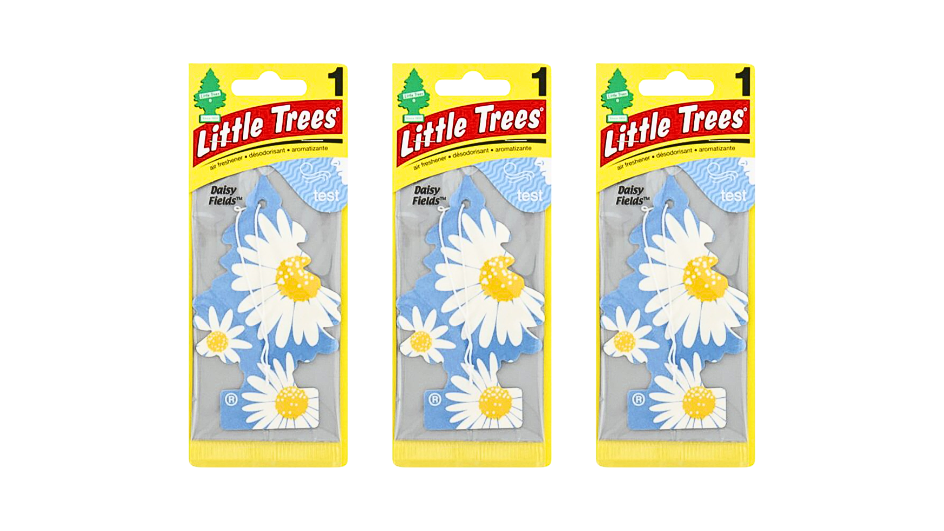 Three packages of Little Trees air fresheners with daisy designs on a white background