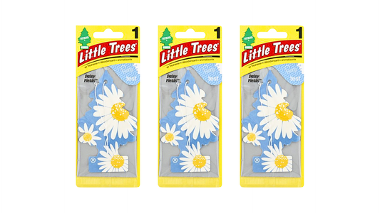 Three packages of Little Trees air fresheners with daisy designs on a white background