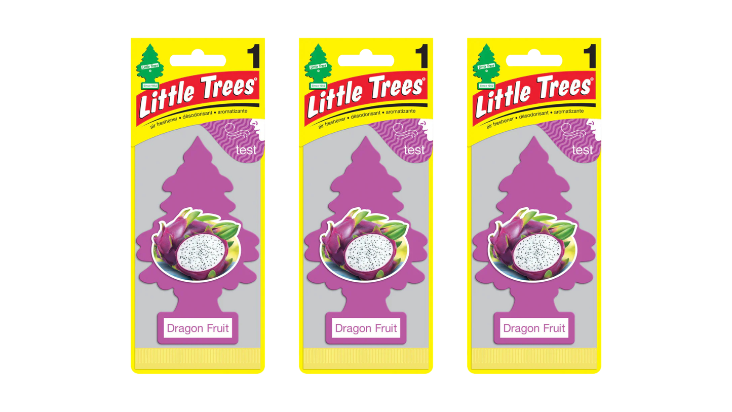 Three packages of Little Trees Dragon Fruit air fresheners on a white background