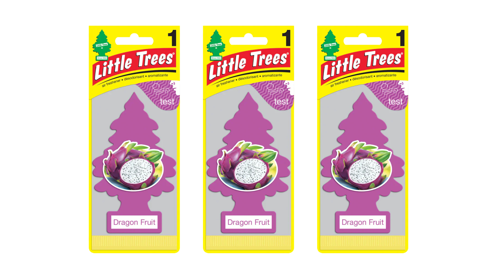 Three packages of Little Trees Dragon Fruit air fresheners on a white background
