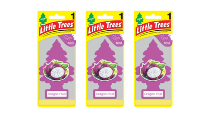 Three packages of Little Trees Dragon Fruit air fresheners on a white background