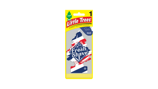 Little Trees Fresh Shave air freshener packaging on a white background