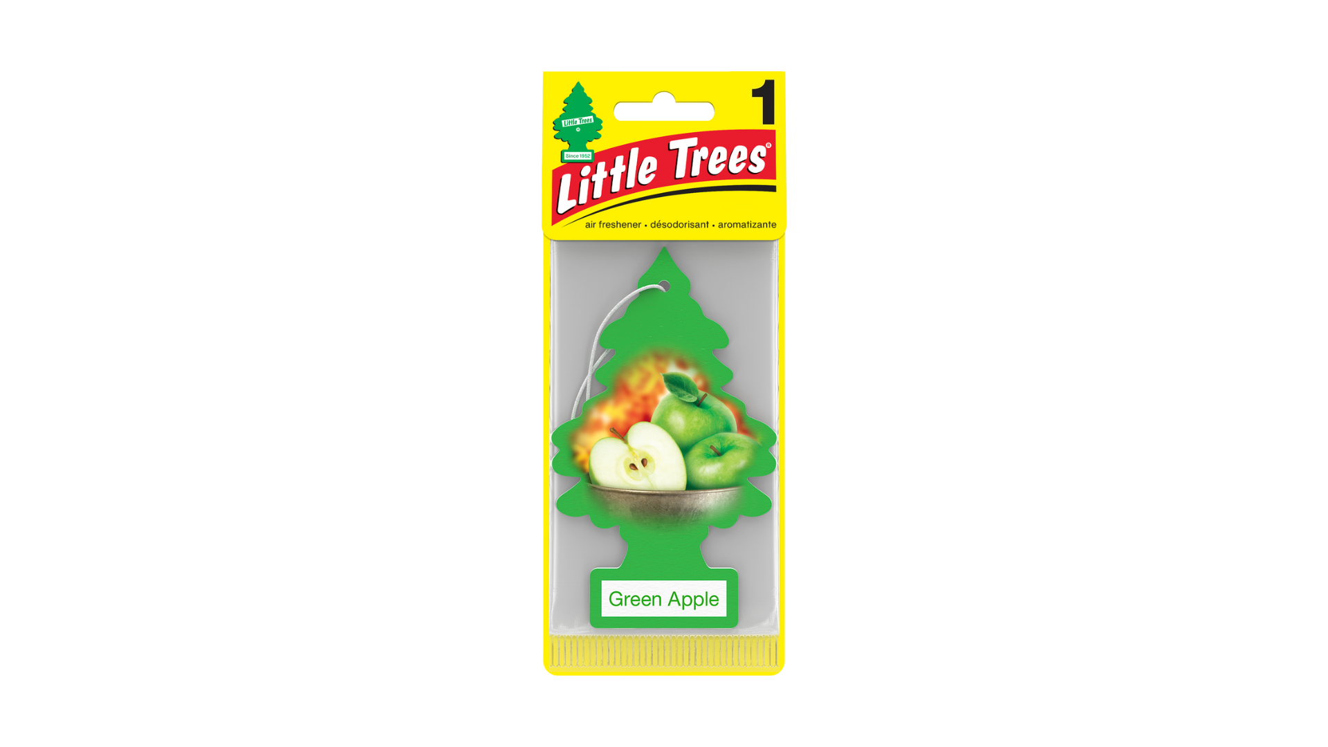 Little Trees air freshener packaging with green tree design and 'Green Apple' text on a white background
