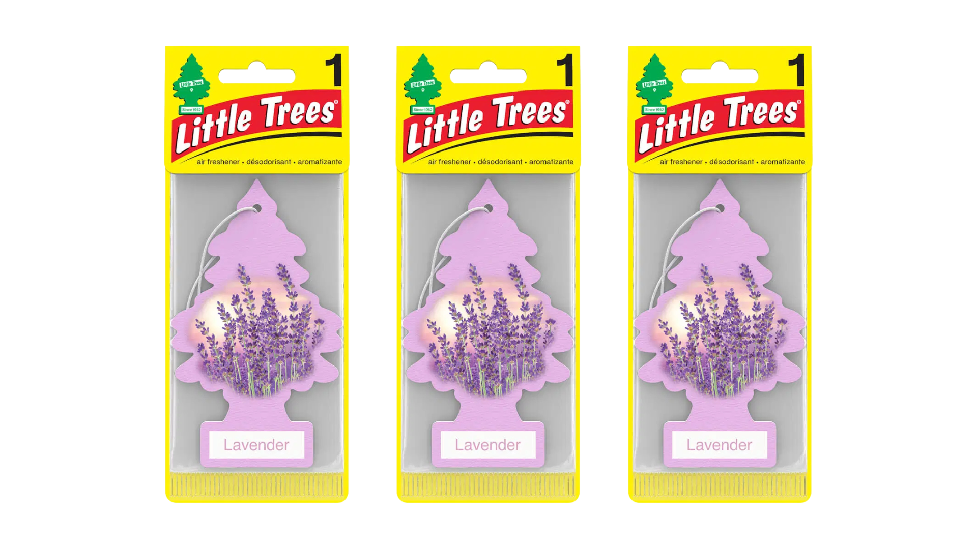 Three packages of Little Trees lavender air fresheners on a white background