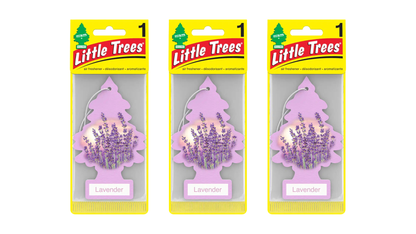 Three packages of Little Trees lavender air fresheners on a white background