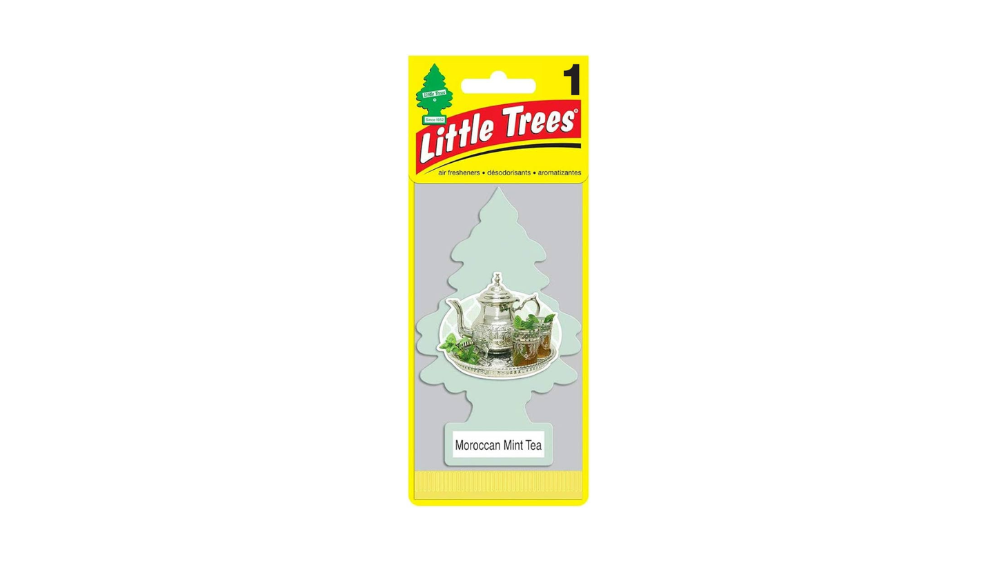 Little Trees air freshener packaging with a tea-themed design on a white background